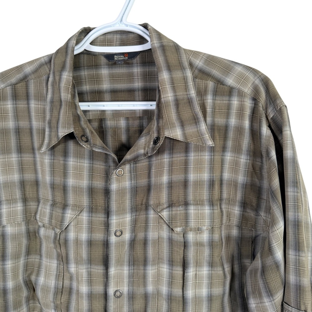 Royal Robbins Button Up Shirt Mens L Olive Green Plaid Snap Front Utility Pocket